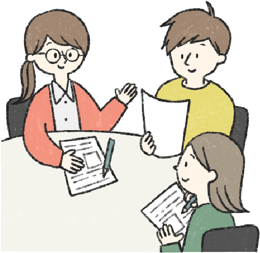 相談者に子どもとの関わり方を提案するスタッフのイラスト